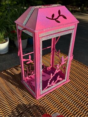 Pink w/purple splash-Lantern/candle holder-w/Rhinestone Accents-Barbie theme